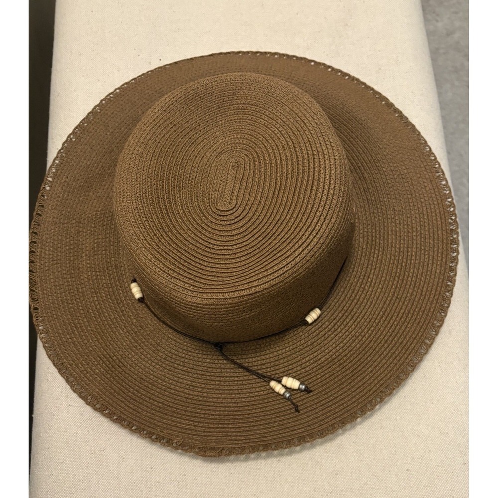 Ann Taylor Women's Hat Beaded Band 100% Paper Straw Brown